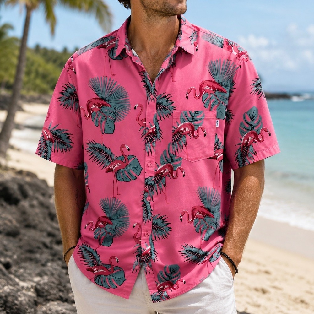 Hurley Flamingo Tropical Button Up Shirt Men's XXL Pink Hawaiian‎ Collar Beach